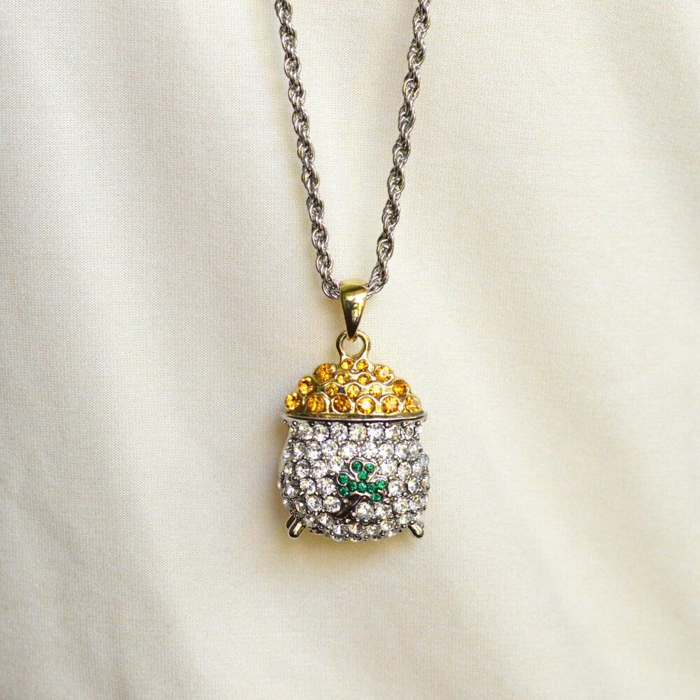 Killarney Crystal Ireland Pot of Gold Shamrock Necklace Long 38" Cauldron Boxed
